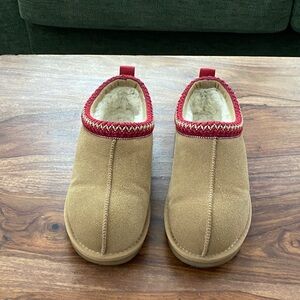 Tan Suede Slippers with Red Trim